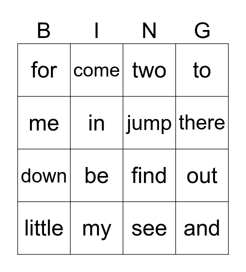 Sight Word Bingo Card
