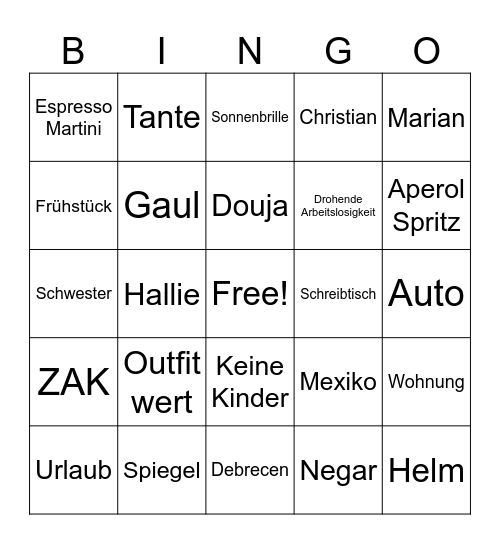 Ski Trip Bingo Card