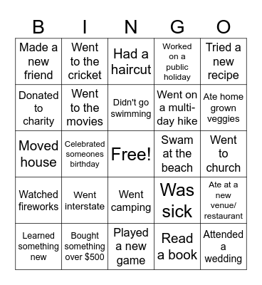 Summer Bingo Card