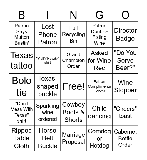 Boots & Bottles Bingo Card