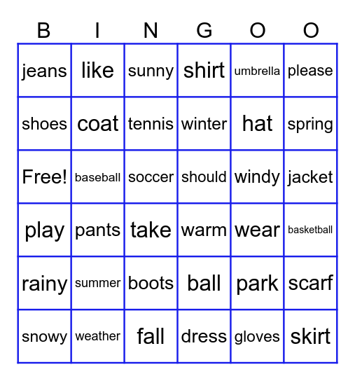 Unit 4 Bingo - Let's Go Outside! Bingo Card