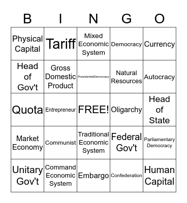 Government and Economics Bingo Card