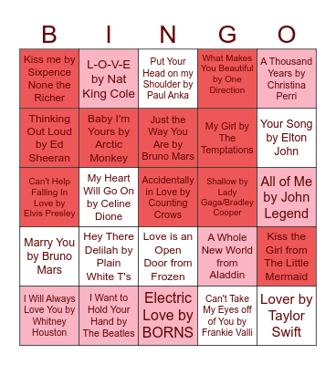 Valentines Day Song Bingo Card
