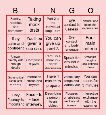IELTS Speaking Bingo Card