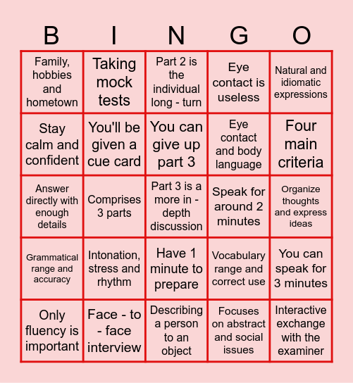 IELTS Speaking Bingo Card