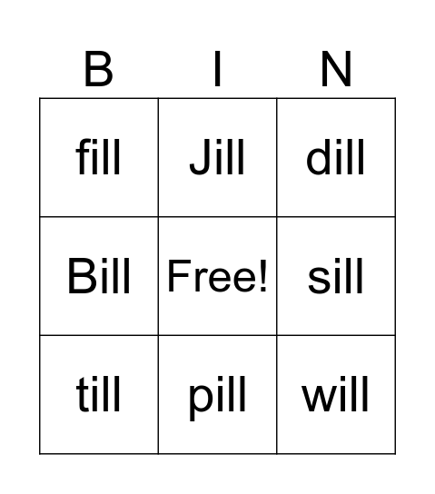 -ill word list Bingo Card