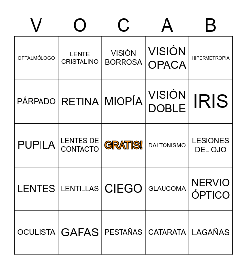 VOCABULARIO: LOS OJOS Y LA VISIÓN Bingo Card