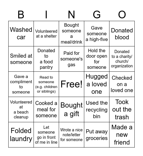 Random Acts of Kindness BINGO Card