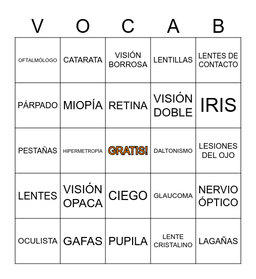 VOCABULARIO: LOS OJOS Y LA VISIÓN Bingo Card