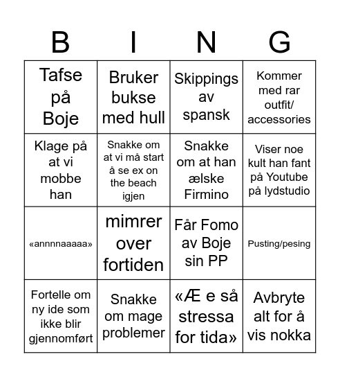 Peder Bingo Card