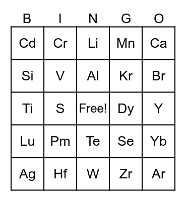 Periodic Table of Elements Bingo Card