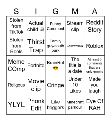 2025 YT SHORTS BINGO! Bingo Card