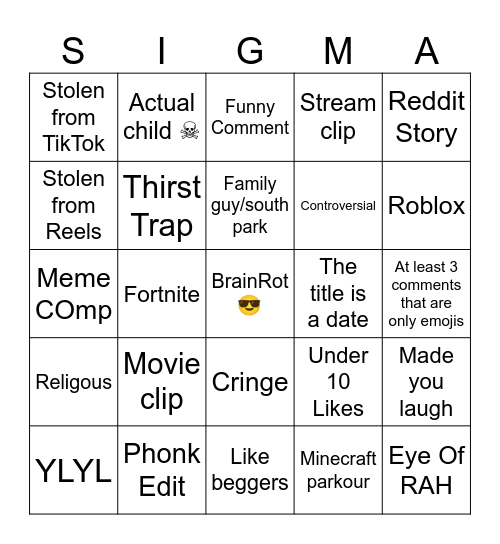 2025 YT SHORTS BINGO! Bingo Card