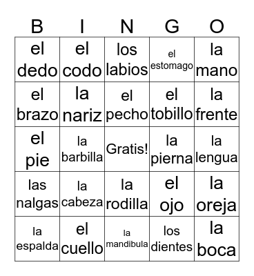 MEDICAL SPANISH--BODY BINGO Card