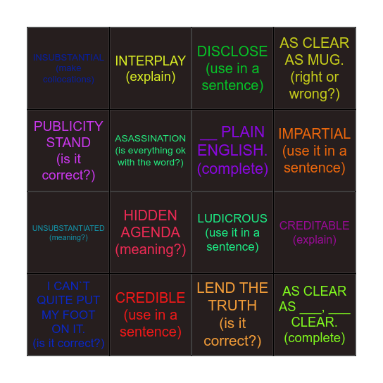 Roadmap, U3 C,D, vocabulary Bingo Card