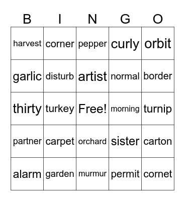 2 syllable words Bingo Card