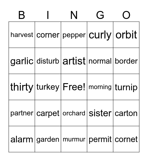 2 syllable words Bingo Card