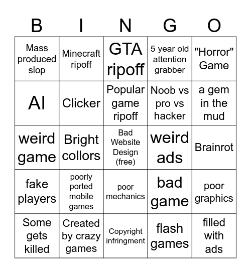 Crazy Games Bingo Card