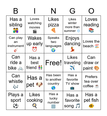 Getting to know you Bingo Card