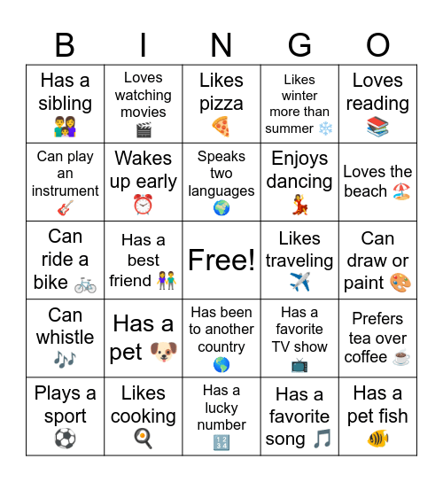 Getting to know you Bingo Card