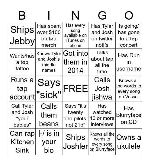 tøp bingo |-/ Bingo Card