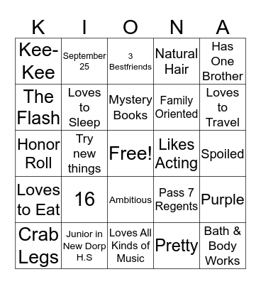 KIONA'S SWEET SIXTEEN Bingo Card