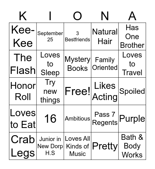 KIONA'S SWEET SIXTEEN Bingo Card