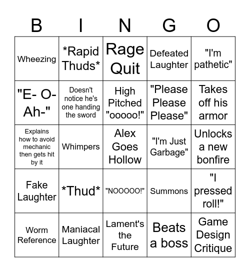 Alex Plays Dark Souls Bingo Card