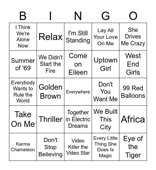 80s Hits Bingo Card