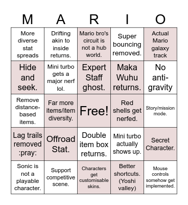 Mario Kart X BINGO Card