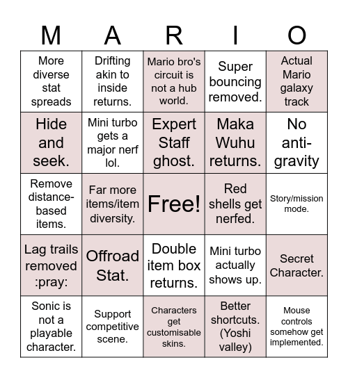 Mario Kart X BINGO Card