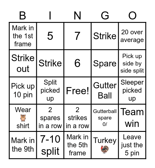 OWL’s Bowling League Bingo Card