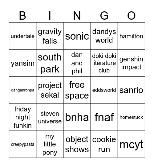 “annoying fandom” bingo Card