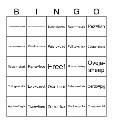 ANIMALES - Animals Bingo Card