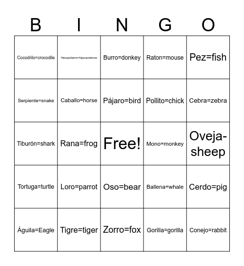 ANIMALES - Animals Bingo Card