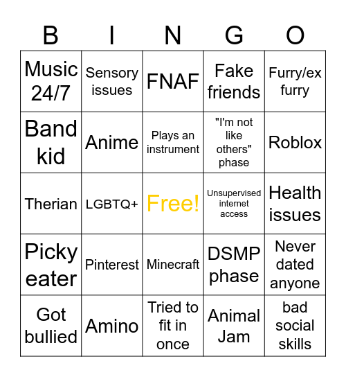 WEIRD KID BINGO! Bingo Card