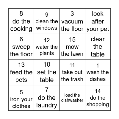 HOUSEHOLD CHORES! Bingo Card