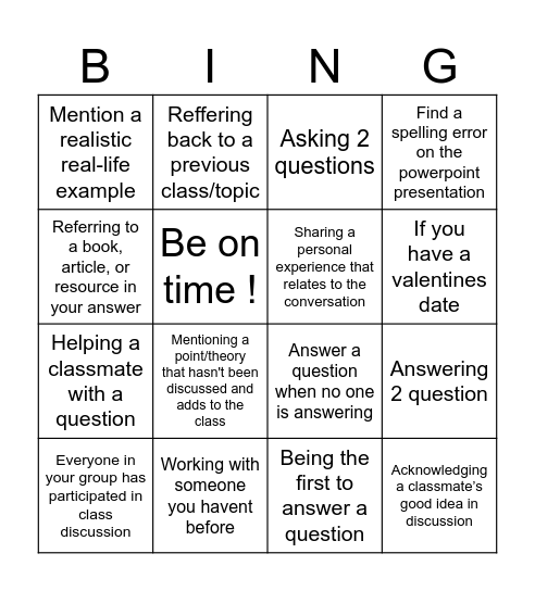 Class Bingo Card