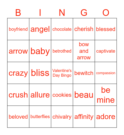 A-C Valentine Words Bingo Card