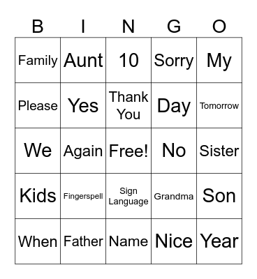 ASL Vocab Bingo Card