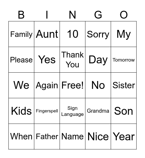 ASL Vocab Bingo Card