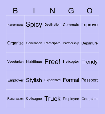 Vocabulary Bingo Card