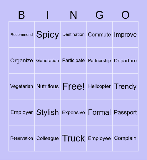 Vocabulary Bingo Card