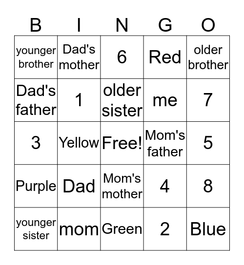 3rd Grade Family & Color Bingo Card