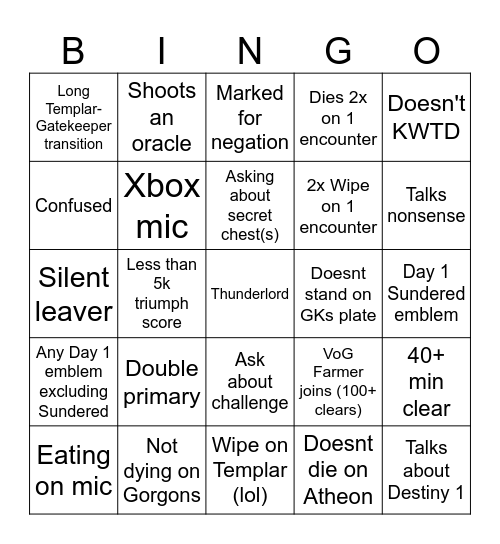 VoG Bingo Card