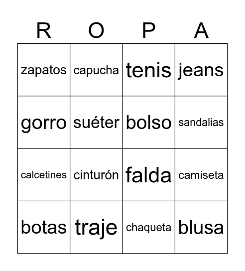 La ropa Bingo Card