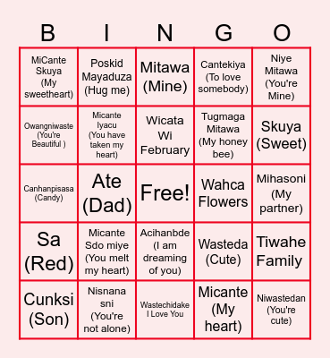 Valentines Dakota Language Bngo Bingo Card