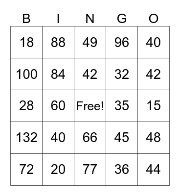 Multiplication Facts Bingo Card