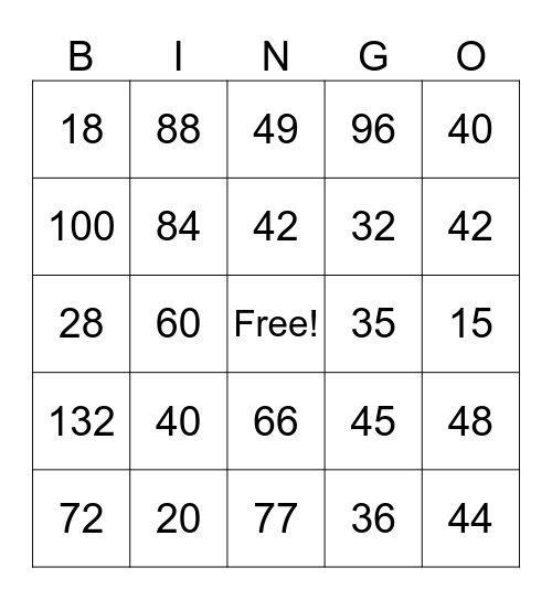 Multiplication Facts Bingo Card