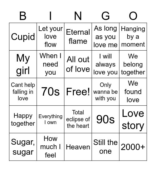Love Song Bingo Card